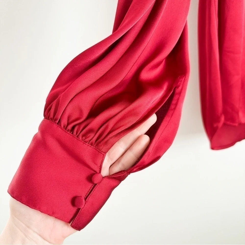 Express Satin Silky V neck Button Detail Balloon Sleeve Blouse Top Crimson Med